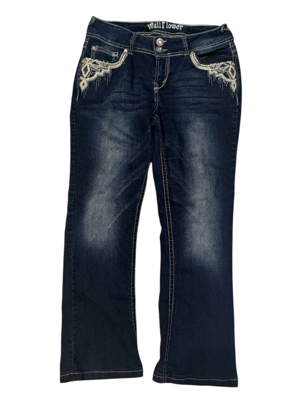 Wallflower Y2K Dark Indigo Flare Jeans with Embroidered Pockets